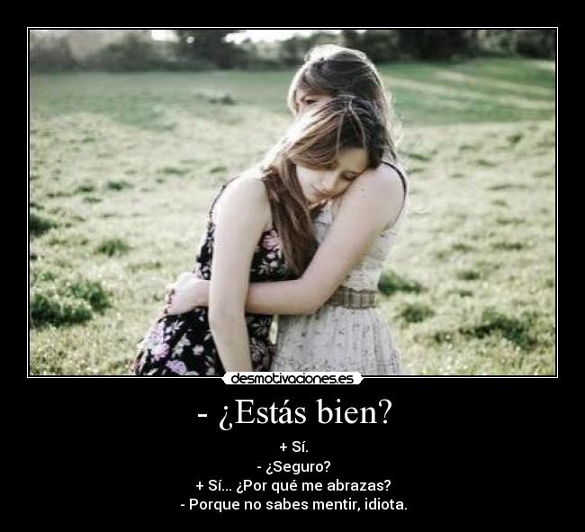- ¿Estás bien? - + Sí.
- ¿Seguro?
+ Sí... ¿Por qué me abrazas?
- Porque no sabes mentir, idiota.