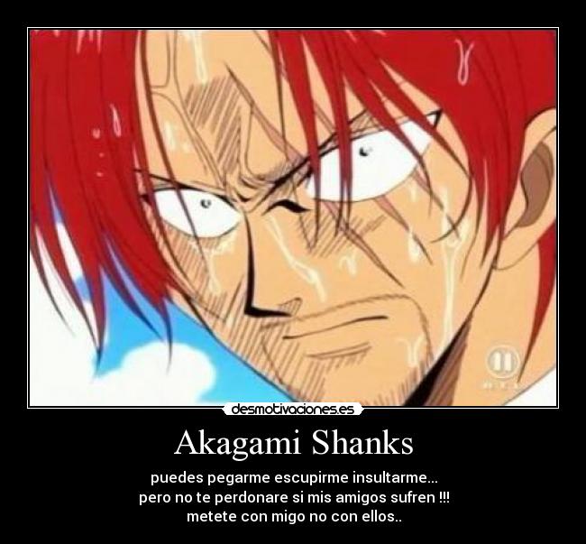 Akagami Shanks - puedes pegarme escupirme insultarme...
pero no te perdonare si mis amigos sufren !!!
metete con migo no con ellos..
