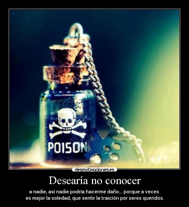 Desearía no conocer - a nadie, así nadie podría hacerme daño... porque a veces
es mejor la soledad, que sentir la traición por seres queridos.