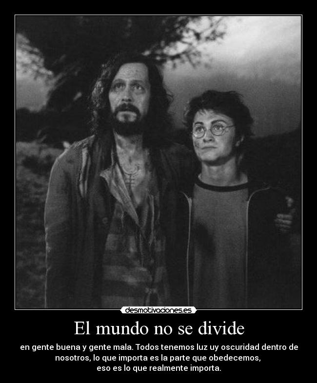 El mundo no se divide - en gente buena y gente mala. Todos tenemos luz uy oscuridad dentro de
nosotros, lo que importa es la parte que obedecemos, 
eso es lo que realmente importa.