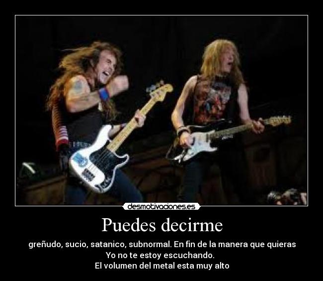 Puedes decirme - greñudo, sucio, satanico, subnormal. En fin de la manera que quieras
Yo no te estoy escuchando.
El volumen del metal esta muy alto