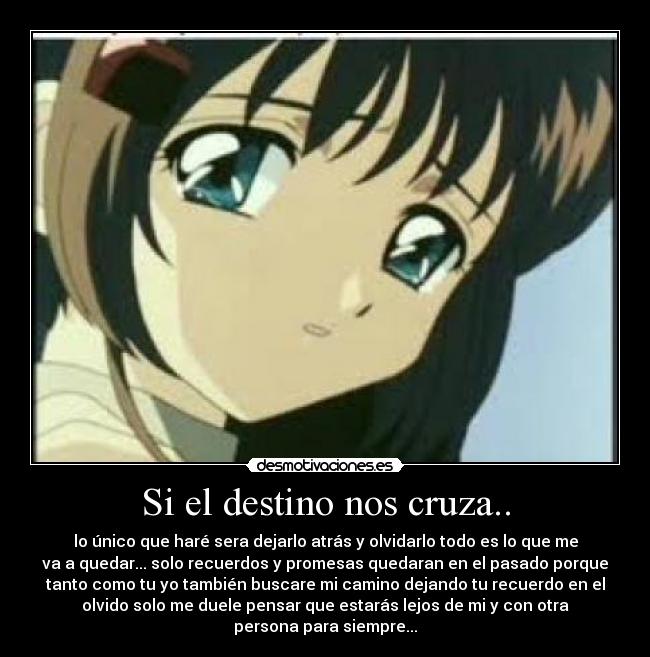 Si el destino nos cruza.. - lo único que haré sera dejarlo atrás y olvidarlo todo es lo que me
va a quedar... solo recuerdos y promesas quedaran en el pasado porque
tanto como tu yo también buscare mi camino dejando tu recuerdo en el
olvido solo me duele pensar que estarás lejos de mi y con otra
persona para siempre...