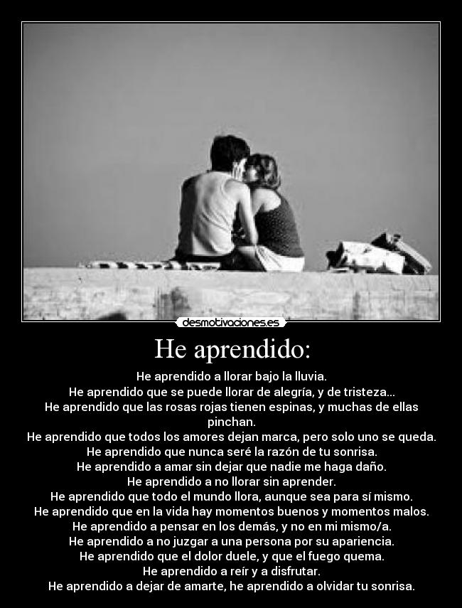 He aprendido: - He aprendido a llorar bajo la lluvia.
He aprendido que se puede llorar de alegría, y de tristeza...
He aprendido que las rosas rojas tienen espinas, y muchas de ellas pinchan.
He aprendido que todos los amores dejan marca, pero solo uno se queda.
He aprendido que nunca seré la razón de tu sonrisa.
He aprendido a amar sin dejar que nadie me haga daño.
He aprendido a no llorar sin aprender.
He aprendido que todo el mundo llora, aunque sea para sí mismo.
He aprendido que en la vida hay momentos buenos y momentos malos.
He aprendido a pensar en los demás, y no en mi mismo/a.
He aprendido a no juzgar a una persona por su apariencia.
He aprendido que el dolor duele, y que el fuego quema.
He aprendido a reír y a disfrutar.
He aprendido a dejar de amarte, he aprendido a olvidar tu sonrisa.