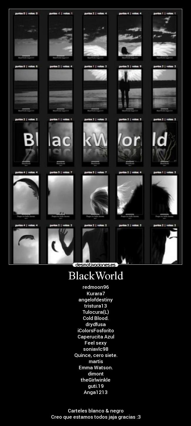 BlackWorld - redmoon96
Kurara7
angelofdestiny
tristura13
Tulocura(L)
Cold Blood.
drydfusa
iColorsFosforito
Caperucita Azul
Feel sexy
soniavlc98
Quince, cero siete.
martis
Emma Watson.
dimont
theGirlwinkle
guti.19
Anga1213
Carteles blanco & negro
Creo que estamos todos jaja gracias :3