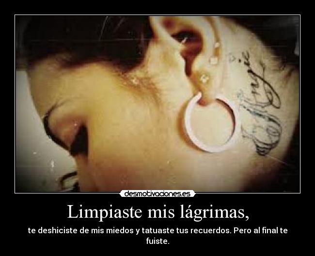 Limpiaste mis lágrimas, - te deshiciste de mis miedos y tatuaste tus recuerdos. Pero al final te fuiste.