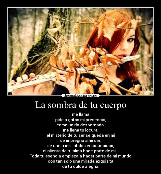 La sombra de tu cuerpo - me llama
pide a gritos mi presencia,
como un río desbordado 
me llena tu locura,
el misterio de tu ser se queda en mi
se impregna a mi ser,
se une a mis latidos enloquecidos,
el aliento de tu alma hace parte de mi...
Toda tu esencia empieza a hacer parte de mi mundo
con tan solo una mirada exquisita
de tu dulce alegría.