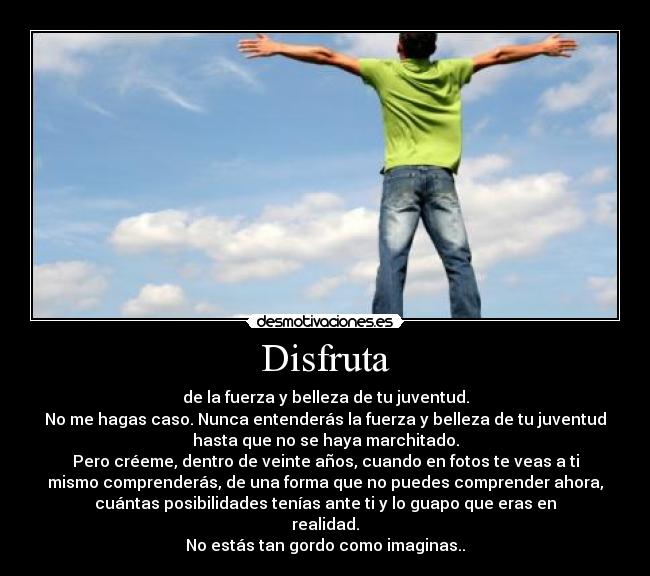 Disfruta - de la fuerza y belleza de tu juventud.
No me hagas caso. Nunca entenderás la fuerza y belleza de tu juventud
hasta que no se haya marchitado.
Pero créeme, dentro de veinte años, cuando en fotos te veas a ti
mismo comprenderás, de una forma que no puedes comprender ahora,
cuántas posibilidades tenías ante ti y lo guapo que eras en
realidad.
No estás tan gordo como imaginas..