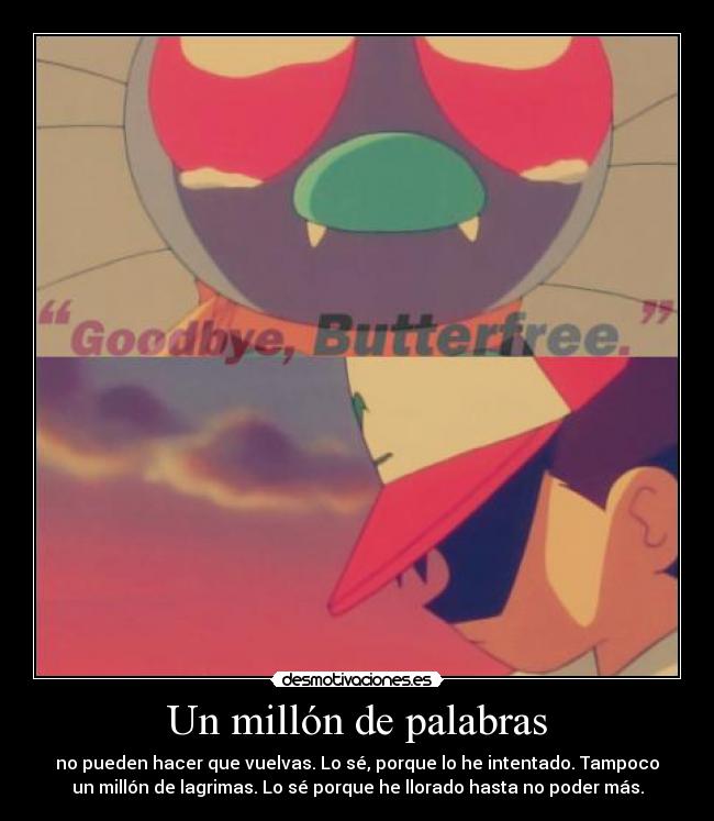 Un millón de palabras - no pueden hacer que vuelvas. Lo sé, porque lo he intentado. Tampoco
un millón de lagrimas. Lo sé porque he llorado hasta no poder más.