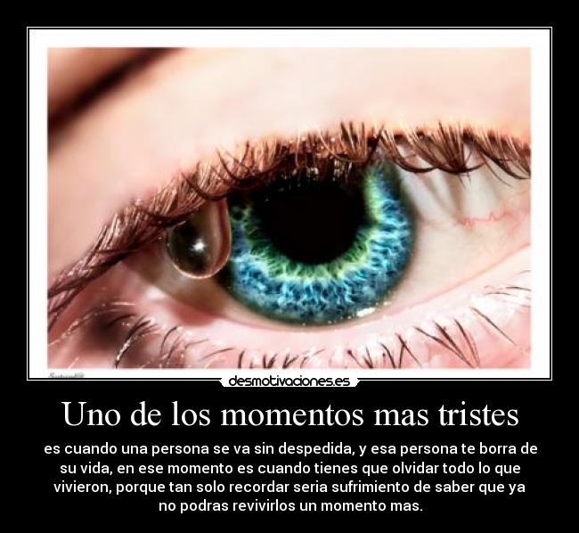Uno de los momentos mas tristes - es cuando una persona se va sin despedida, y esa persona te borra de
su vida, en ese momento es cuando tienes que olvidar todo lo que
vivieron, porque tan solo recordar seria sufrimiento de saber que ya
no podras revivirlos un momento mas.