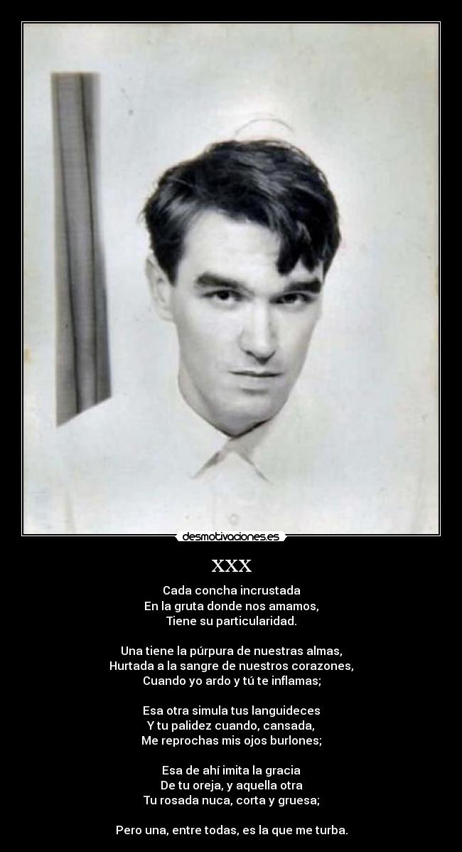 xxx - Cada concha incrustada
En la gruta donde nos amamos,
Tiene su particularidad.
Una tiene la púrpura de nuestras almas,
Hurtada a la sangre de nuestros corazones,
Cuando yo ardo y tú te inflamas;
Esa otra simula tus languideces
Y tu palidez cuando, cansada,
Me reprochas mis ojos burlones;
Esa de ahí imita la gracia
De tu oreja, y aquella otra
Tu rosada nuca, corta y gruesa;
Pero una, entre todas, es la que me turba.