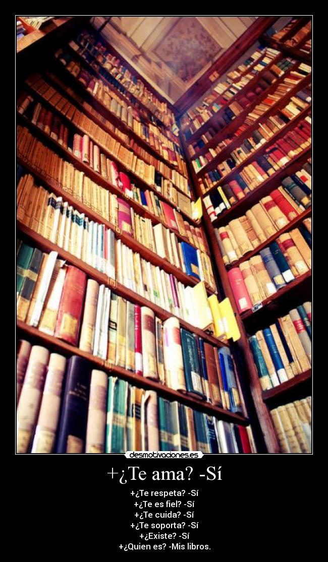 +¿Te ama? -Sí - +¿Te respeta? -Sí
+¿Te es fiel? -Sí
+¿Te cuida? -Sí
+¿Te soporta? -Sí
+¿Existe? -Sí
+¿Quien es? -Mis libros.
