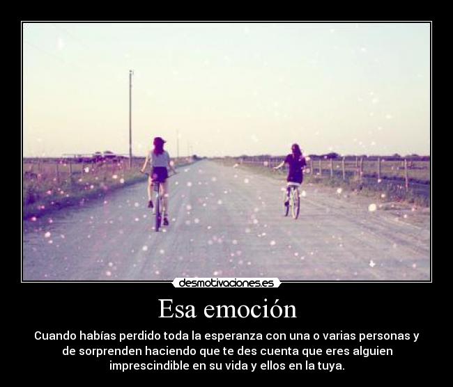 Esa emoción - Cuando habías perdido toda la esperanza con una o varias personas y
de sorprenden haciendo que te des cuenta que eres alguien
imprescindible en su vida y ellos en la tuya.