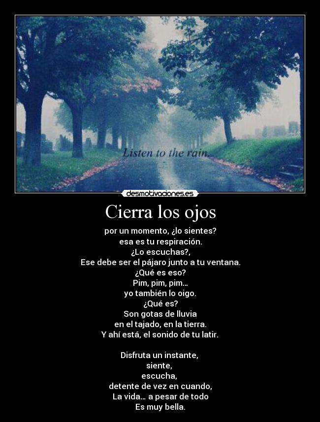 Cierra los ojos - por un momento, ¿lo sientes?
esa es tu respiración.
¿Lo escuchas?,
Ese debe ser el pájaro junto a tu ventana.
¿Qué es eso?
Pim, pim, pim…
yo también lo oigo.
¿Qué es?
Son gotas de lluvia
en el tajado, en la tierra.
Y ahí está, el sonido de tu latir.
Disfruta un instante,
siente,
escucha,
detente de vez en cuando,
La vida… a pesar de todo
Es muy bella.