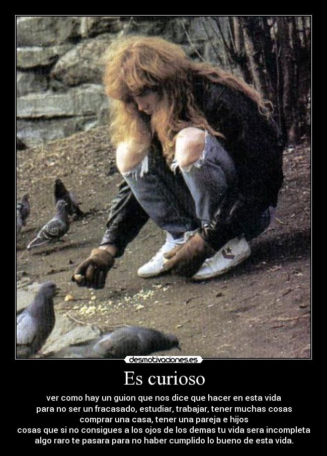 Es curioso - ver como hay un guion que nos dice que hacer en esta vida
para no ser un fracasado, estudiar, trabajar, tener muchas cosas
comprar una casa, tener una pareja e hijos
cosas que si no consigues a los ojos de los demas tu vida sera incompleta
algo raro te pasara para no haber cumplido lo bueno de esta vida.