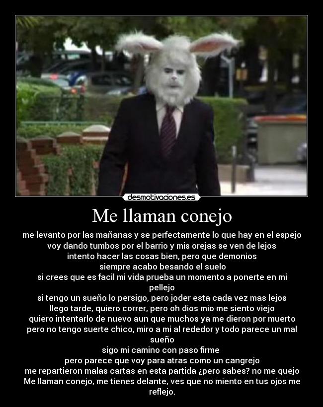 Me llaman conejo - me levanto por las mañanas y se perfectamente lo que hay en el espejo
voy dando tumbos por el barrio y mis orejas se ven de lejos
intento hacer las cosas bien, pero que demonios
siempre acabo besando el suelo
si crees que es facil mi vida prueba un momento a ponerte en mi pellejo
si tengo un sueño lo persigo, pero joder esta cada vez mas lejos
llego tarde, quiero correr, pero oh dios mio me siento viejo
quiero intentarlo de nuevo aun que muchos ya me dieron por muerto
pero no tengo suerte chico, miro a mi al rededor y todo parece un mal sueño
sigo mi camino con paso firme
pero parece que voy para atras como un cangrejo
me repartieron malas cartas en esta partida ¿pero sabes? no me quejo
Me llaman conejo, me tienes delante, ves que no miento en tus ojos me reflejo.