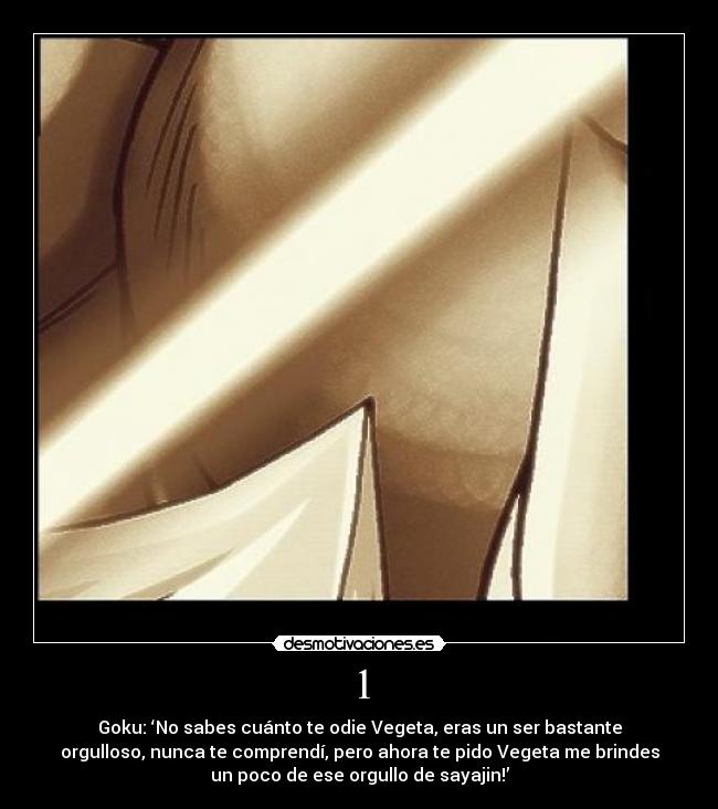 1 - Goku: ‘No sabes cuánto te odie Vegeta, eras un ser bastante
orgulloso, nunca te comprendí, pero ahora te pido Vegeta me brindes
un poco de ese orgullo de sayajin!’
