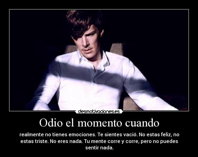 Odio el momento cuando - realmente no tienes emociones. Te sientes vació. No estas feliz, no
estas triste. No eres nada. Tu mente corre y corre, pero no puedes
sentir nada.