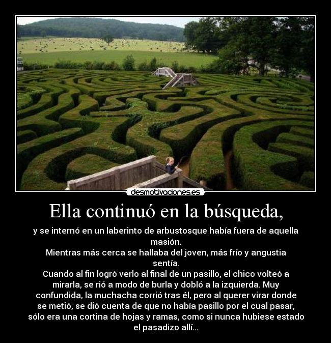 Ella continuó en la búsqueda, - y se internó en un laberinto de arbustosque había fuera de aquella
masión.
Mientras más cerca se hallaba del joven, más frío y angustia
sentía.
Cuando al fin logró verlo al final de un pasillo, el chico volteó a
mirarla, se rió a modo de burla y dobló a la izquierda. Muy
confundida, la muchacha corrió tras él, pero al querer virar donde
se metió, se dió cuenta de que no había pasillo por el cual pasar,
sólo era una cortina de hojas y ramas, como si nunca hubiese estado
el pasadizo allí...