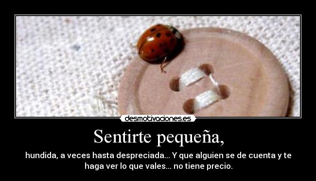 Sentirte pequeña, - hundida, a veces hasta despreciada... Y que alguien se de cuenta y te
haga ver lo que vales... no tiene precio.