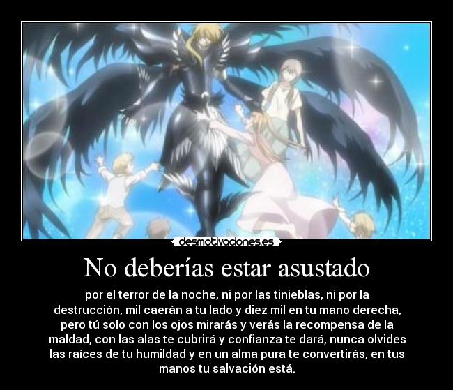 No deberías estar asustado - por el terror de la noche, ni por las tinieblas, ni por la
destrucción, mil caerán a tu lado y diez mil en tu mano derecha,
pero tú solo con los ojos mirarás y verás la recompensa de la
maldad, con las alas te cubrirá y confianza te dará, nunca olvides
las raíces de tu humildad y en un alma pura te convertirás, en tus
manos tu salvación está.