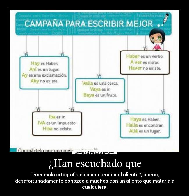 ¿Han escuchado que - tener mala ortografía es como tener mal aliento?, bueno,
desafortunadamente conozco a muchos con un aliento que mataría a
cualquiera.