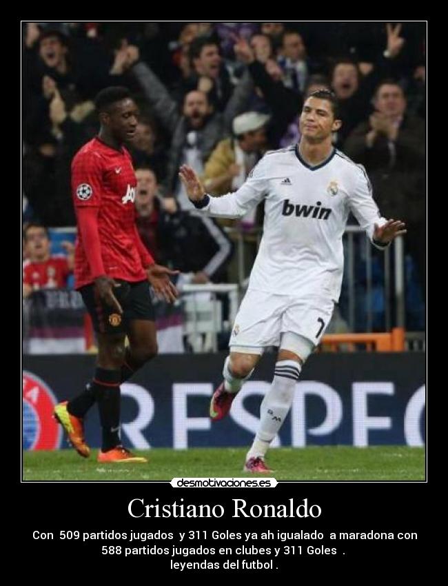 Cristiano Ronaldo - Con 509 partidos jugados y 311 Goles ya ah igualado a maradona con
588 partidos jugados en clubes y 311 Goles .
♥leyendas del futbol . ♥