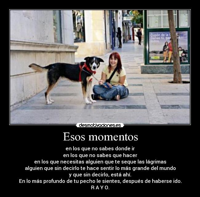 Esos momentos - en los que no sabes donde ir
en los que no sabes que hacer
en los que necesitas alguien que te seque las lágrimas
alguien que sin decirlo te hace sentir lo más grande del mundo
y que sin decirlo, está ahí.
En lo más profundo de tu pecho le sientes, después de haberse ido.
R A Y O.