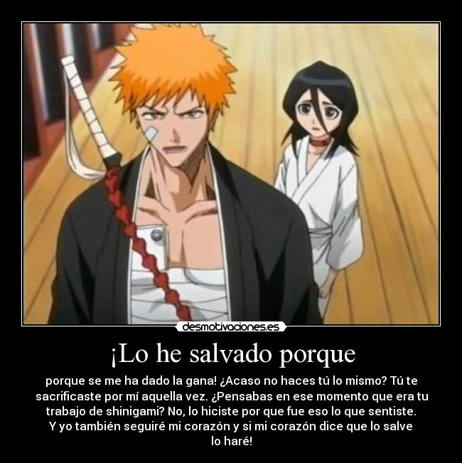 ¡Lo he salvado porque - porque se me ha dado la gana! ¿Acaso no haces tú lo mismo? Tú te
sacrificaste por mí aquella vez. ¿Pensabas en ese momento que era tu
trabajo de shinigami? No, lo hiciste por que fue eso lo que sentiste.
Y yo también seguiré mi corazón y si mi corazón dice que lo salve
lo haré!