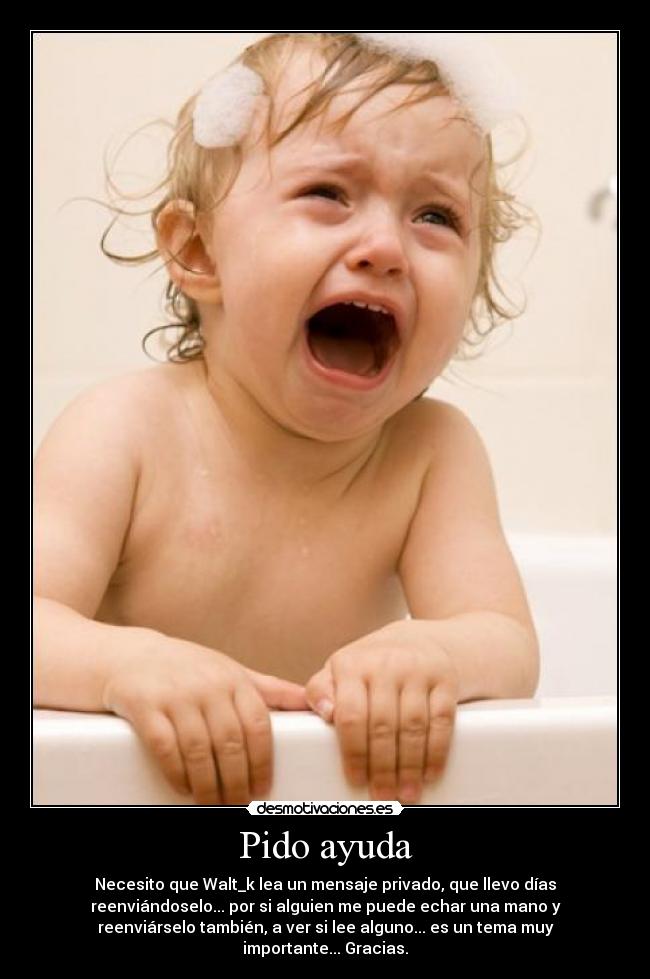Pido ayuda - Necesito que Walt_k lea un mensaje privado, que llevo días
reenviándoselo... por si alguien me puede echar una mano y
reenviárselo también, a ver si lee alguno... es un tema muy
importante... Gracias.