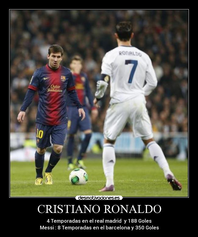 CRISTIANO RONALDO - 4 Temporadas en el real madrid y 188 Goles
Messi : 8 Temporadas en el barcelona y 350 Goles