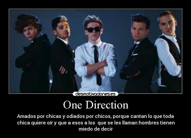 One Direction - Amados por chicas y odiados por chicos, porque cantan lo que toda
chica quiere oír y que a esos a los  que se les llaman hombres tienen
miedo de decir