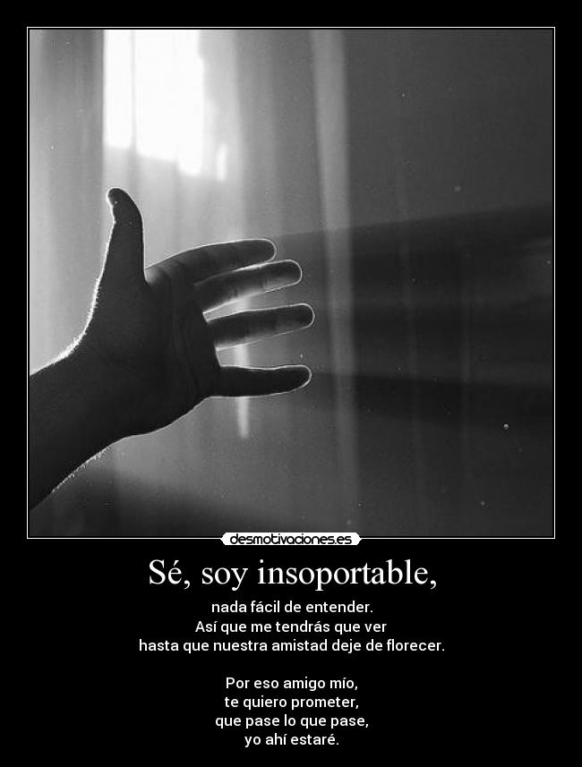 Sé, soy insoportable, - nada fácil de entender.
Así que me tendrás que ver
hasta que nuestra amistad deje de florecer.
Por eso amigo mío,
te quiero prometer,
que pase lo que pase,
yo ahí estaré.