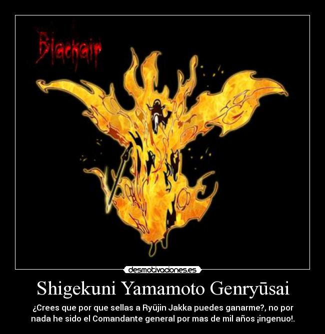 Shigekuni Yamamoto Genryūsai - ¿Crees que por que sellas a Ryūjin Jakka puedes ganarme?, no por
nada he sido el Comandante general por mas de mil años ¡ingenuo!.