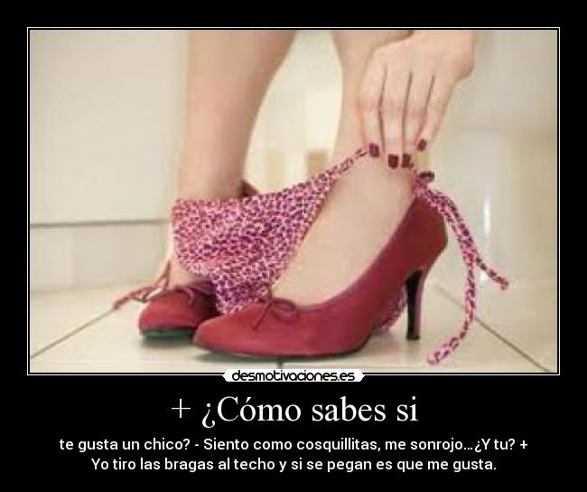 + ¿Cómo sabes si - te gusta un chico? - Siento como cosquillitas, me sonrojo…¿Y tu? +
Yo tiro las bragas al techo y si se pegan es que me gusta.