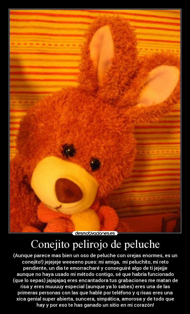Conejito pelirojo de peluche - (Aunque parece mas bien un oso de peluche con orejas enormes, es un
conejito!) jejejeje weeeeno pues: mi amiga,  mi peluchito, mi reto
pendiente, un dia te emorracharé y conseguiré algo de ti jejejje
aunque no haya usado mi método contigo, sé que habría funcionado
(que lo sepas) jajajajaq eres encantadora tus grabaciones me matan de
risa y eres muuuuy especial (aunque ya lo sabes) eres una de las
primeras personas con las que hablé por teléfono y q risas eres una
xica genial super abierta, suncera, simpática, amorosa y de todo que
hay y por eso te has ganado un sitio en mi corazón!
