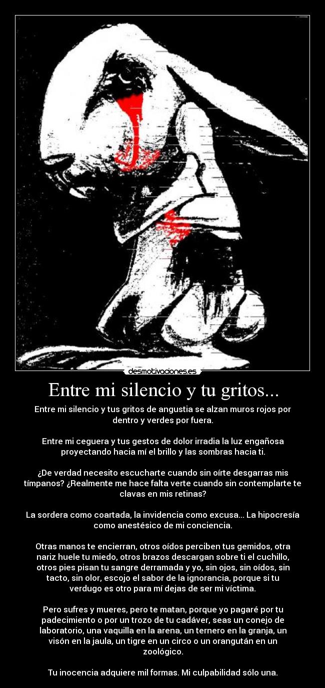 Entre mi silencio y tu gritos... - Entre mi silencio y tus gritos de angustia se alzan muros rojos por
dentro y verdes por fuera.
Entre mi ceguera y tus gestos de dolor irradia la luz engañosa
proyectando hacia mí el brillo y las sombras hacia ti.
¿De verdad necesito escucharte cuando sin oírte desgarras mis
tímpanos? ¿Realmente me hace falta verte cuando sin contemplarte te
clavas en mis retinas?
La sordera como coartada, la invidencia como excusa... La hipocresía
como anestésico de mi conciencia.
Otras manos te encierran, otros oídos perciben tus gemidos, otra
nariz huele tu miedo, otros brazos descargan sobre ti el cuchillo,
otros pies pisan tu sangre derramada y yo, sin ojos, sin oídos, sin
tacto, sin olor, escojo el sabor de la ignorancia, porque si tu
verdugo es otro para mí dejas de ser mi víctima.
Pero sufres y mueres, pero te matan, porque yo pagaré por tu
padecimiento o por un trozo de tu cadáver, seas un conejo de
laboratorio, una vaquilla en la arena, un ternero en la granja, un
visón en la jaula, un tigre en un circo o un orangután en un
zoológico.
Tu inocencia adquiere mil formas. Mi culpabilidad sólo una.