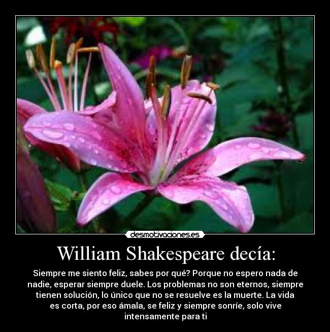 William Shakespeare decía: - Siempre me siento feliz, sabes por qué? Porque no espero nada de
nadie, esperar siempre duele. Los problemas no son eternos, siempre
tienen solución, lo único que no se resuelve es la muerte. La vida
es corta, por eso ámala, se feliz y siempre sonríe, solo vive
intensamente para ti