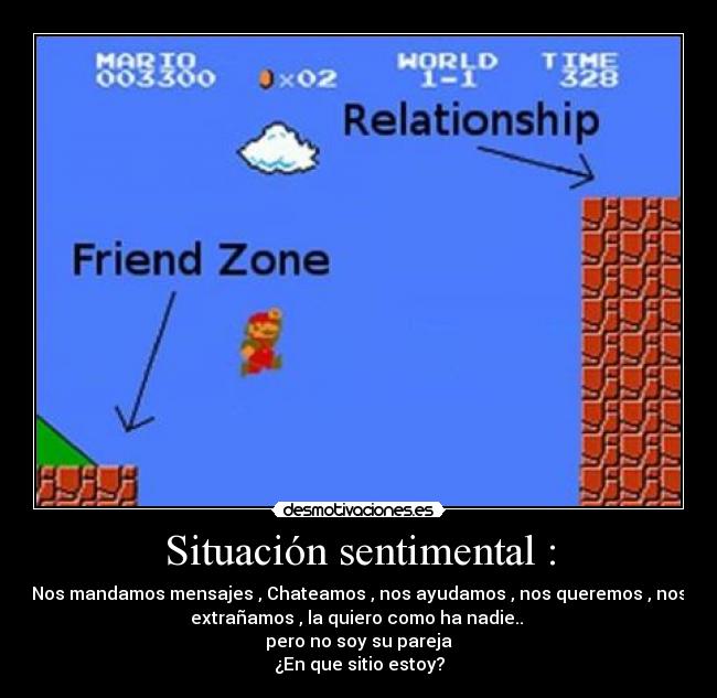 Situación sentimental : - Nos mandamos mensajes , Chateamos , nos ayudamos , nos queremos , nos
extrañamos , la quiero como ha nadie.. 
pero no soy su pareja
¿En que sitio estoy?