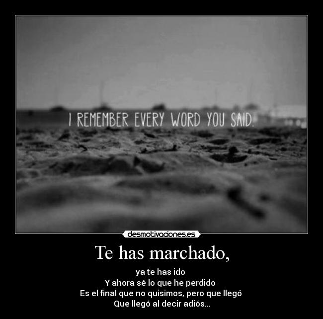 Te has marchado, - ya te has ido
Y ahora sé lo que he perdido
Es el final que no quisimos, pero que llegó
Que llegó al decir adiós...