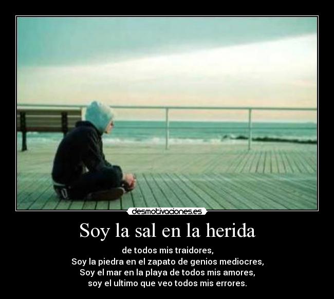 Soy la sal en la herida - de todos mis traidores,
Soy la piedra en el zapato de genios mediocres,
Soy el mar en la playa de todos mis amores,
soy el ultimo que veo todos mis errores.