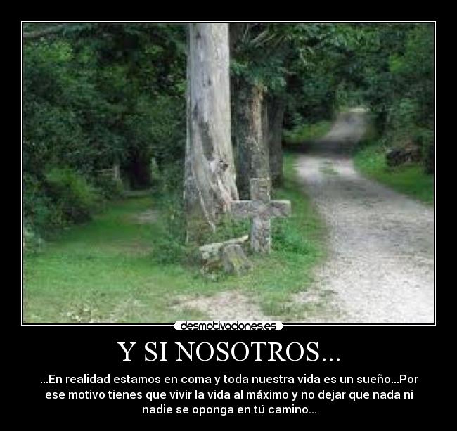 Y SI NOSOTROS... - ...En realidad estamos en coma y toda nuestra vida es un sueño...Por
ese motivo tienes que vivir la vida al máximo y no dejar que nada ni
nadie se oponga en tú camino...