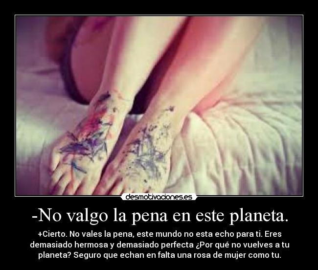 -No valgo la pena en este planeta. - +Cierto. No vales la pena, este mundo no esta echo para ti. Eres
demasiado hermosa y demasiado perfecta ¿Por qué no vuelves a tu
planeta? Seguro que echan en falta una rosa de mujer como tu.