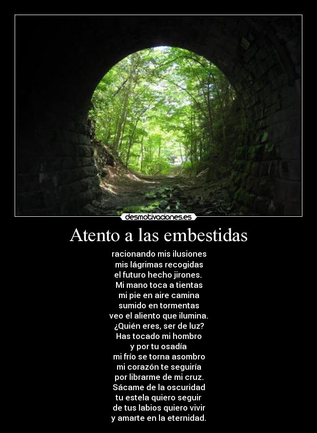 Atento a las embestidas - racionando mis ilusiones
mis lágrimas recogidas
el futuro hecho jirones.
Mi mano toca a tientas
mi pie en aire camina
sumido en tormentas
veo el aliento que ilumina.
¿Quién eres, ser de luz?
Has tocado mi hombro
y por tu osadía
mi frío se torna asombro
mi corazón te seguiría
por librarme de mi cruz.
Sácame de la oscuridad
tu estela quiero seguir
de tus labios quiero vivir
y amarte en la eternidad.