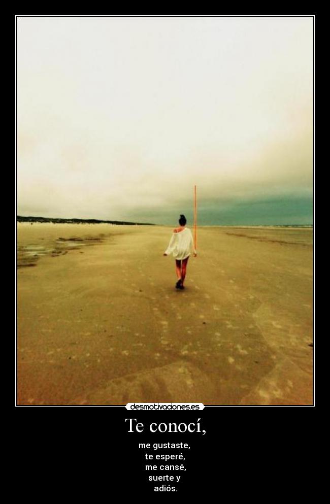 Te conocí, - me gustaste, 
te esperé,
me cansé,
suerte y 
adiós.