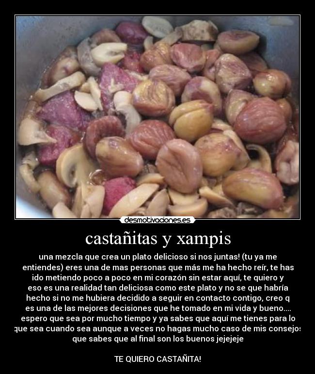 castañitas y xampis - una mezcla que crea un plato delicioso si nos juntas! (tu ya me
entiendes) eres una de mas personas que más me ha hecho reír, te has
ido metiendo poco a poco en mi corazón sin estar aquí, te quiero y
eso es una realidad tan deliciosa como este plato y no se que habría
hecho si no me hubiera decidido a seguir en contacto contigo, creo q
es una de las mejores decisiones que he tomado en mi vida y bueno....
espero que sea por mucho tiempo y ya sabes que aquí me tienes para lo
que sea cuando sea aunque a veces no hagas mucho caso de mis consejos
que sabes que al final son los buenos jejejeje

TE QUIERO CASTAÑITA!