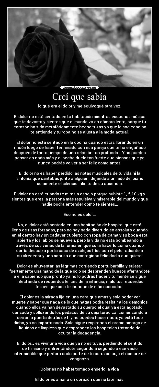 Creí que sabía - lo qué era el dolor y me equivoqué otra vez.

El dolor no está sentado en tu habitación mientras escuchas música
que te devasta y sientes que el mundo va en cámara lenta, porque tu
corazón ha sido metafóricamente hecho trizas ya que la sociedad no
te entiende y tu ropa no se ajusta a la moda actual.

El dolor no está sentado en la cocina cuando estas llorando en un
rincón luego de haber terminado con esa pareja que te ha engañado
después de tanto tiempo de una relación tan profunda... Y no puedes
pensar en nada más y el pecho duele tan fuerte que piensas que ya
nunca podrás volver a ser feliz como antes.

El dolor no es haber perdido las notas musicales de tu vida ni la
sinfonía que cantabas junto a alguien, dejando a un lado del piano
solamente el silencio infinito de su ausencia.

El dolor no está cuando te miras a espejo porque subiste 1, 5,10 kg y
sientes que eres la persona más repulsiva y miserable del mundo y que
nadie podrá entender cómo te sientes...

Eso no es dolor...

No, el dolor está sentado en una habitación de hospital que está
lleno de risas forzadas, pero no hay nada divertido en absoluto cuando
en el centro hay un cadáver cubierto con ropa de cama y su boca está
abierta y los labios se mueven, pero la vida no está bombeando a
través de sus venas de la forma en que solía hacerlo como cuando
corría descalza por la casa de azulejos fríos con el pelo radiante a
su alrededor y una sonrisa que contagiaba felicidad a cualquiera.

Dolor es ahuyentar las lágrimas corriendo por tu barbilla y sujetar
fuertemente una mano de la que solo se desprenden huesos aferrándote
a ella sabiendo que pronto ya no lo podrás hacer y tu mente se sigue
infectando de recuerdos felices de la infancia, malditos recuerdos
felices que solo te inundan de más oscuridad.

El dolor es la mirada fija en una cara que amas y solo poder ver
muerte y saber que nada de lo que hagas podrá resistir a los demonios
cuando ellos ya han devastado su cuerpo el cual ya está agotado,
cansado y sollozando los pedazos de su caja torácica, comenzando a
cerrar la puerta detrás de ti y no puedes hacer nada, ya está todo
dicho, ya no importa nada. Solo sigue respirando el aroma amargo de
líquidos de limpieza que desprenden los hospitales tratando de
ocultar la decadencia.

El dolor… es vivir una vida que ya no es tuya, perdiendo el sentido
de ti mismo y enfrentándote segundo a segundo a ese vacío
interminable que perfora cada parte de tu corazón bajo el nombre de
venganza.

Dolor es no haber tomado enserio la vida

El dolor es amar a un corazón que no late más.