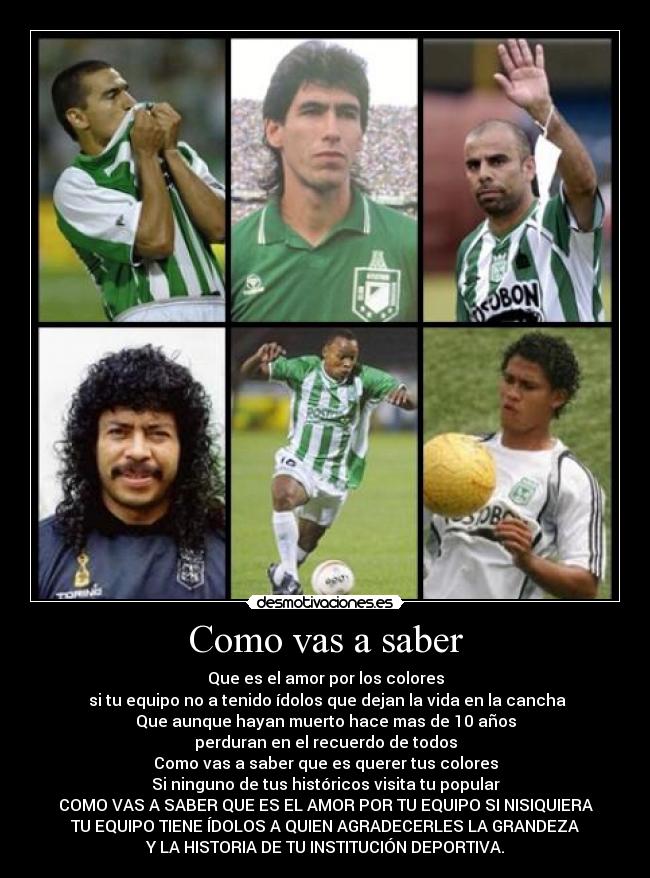 Como vas a saber - Que es el amor por los colores
si tu equipo no a tenido ídolos que dejan la vida en la cancha
Que aunque hayan muerto hace mas de 10 años
perduran en el recuerdo de todos
Como vas a saber que es querer tus colores
Si ninguno de tus históricos visita tu popular
COMO VAS A SABER QUE ES EL AMOR POR TU EQUIPO SI NISIQUIERA
TU EQUIPO TIENE ÍDOLOS A QUIEN AGRADECERLES LA GRANDEZA
Y LA HISTORIA DE TU INSTITUCIÓN DEPORTIVA.