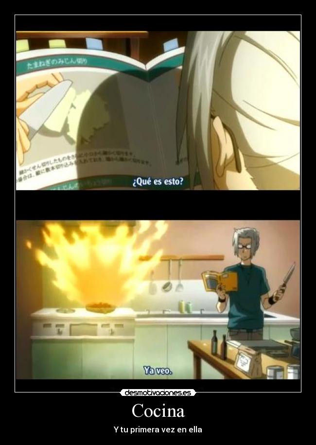 carteles reborn animes anime cocina primera vez hombres quema comico desmotivaciones
