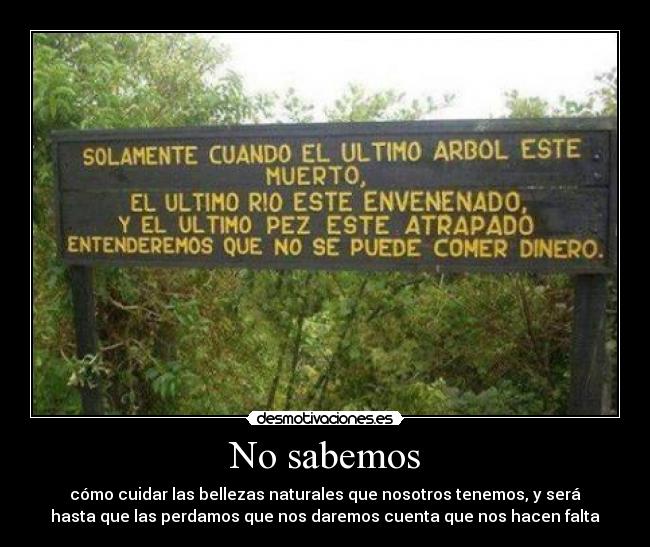 No sabemos - cómo cuidar las bellezas naturales que nosotros tenemos, y será
hasta que las perdamos que nos daremos cuenta que nos hacen falta