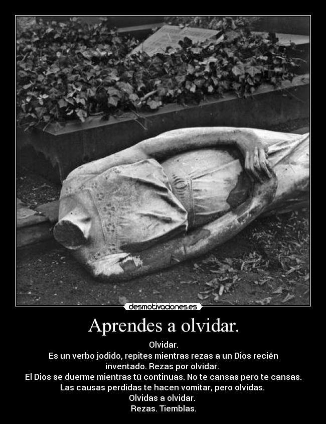 Aprendes a olvidar. - Olvidar.
Es un verbo jodido, repites mientras rezas a un Dios recién
inventado. Rezas por olvidar.
El Dios se duerme mientras tú continuas. No te cansas pero te cansas.
Las causas perdidas te hacen vomitar, pero olvidas.
Olvidas a olvidar.
Rezas. Tiemblas.
